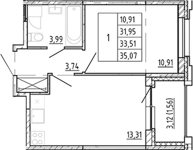 1-комнатная квартира 31.95 м², 3/12 эт., ЖК «Полис Новоселье»